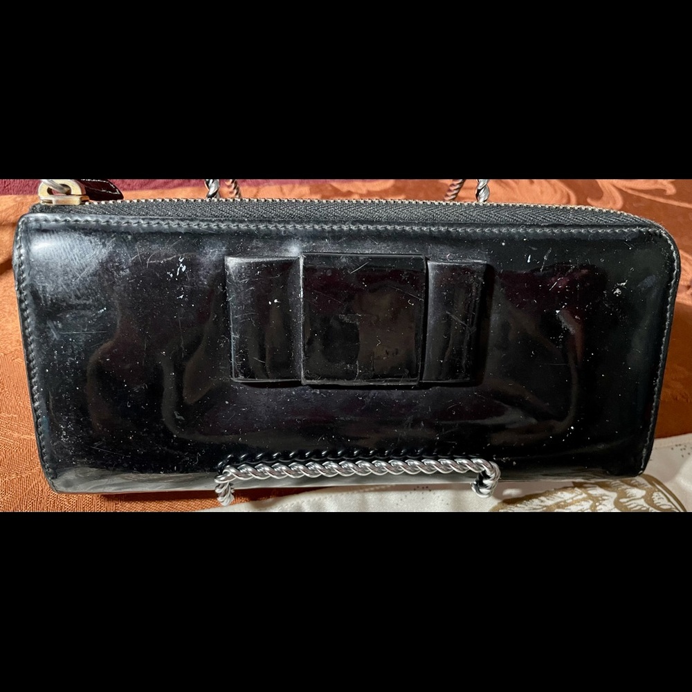 Vintage Miu Miu Black Patent Leather Wallet with Bow and Zip Around.